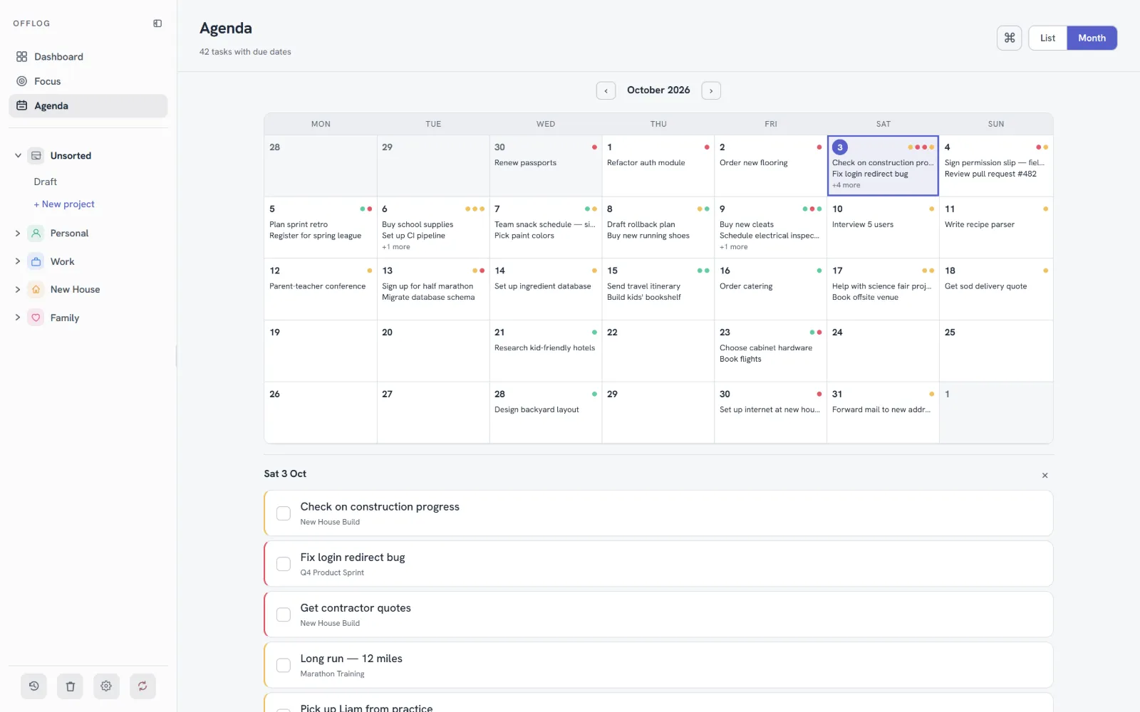 Agenda: a month calendar with each day's tasks