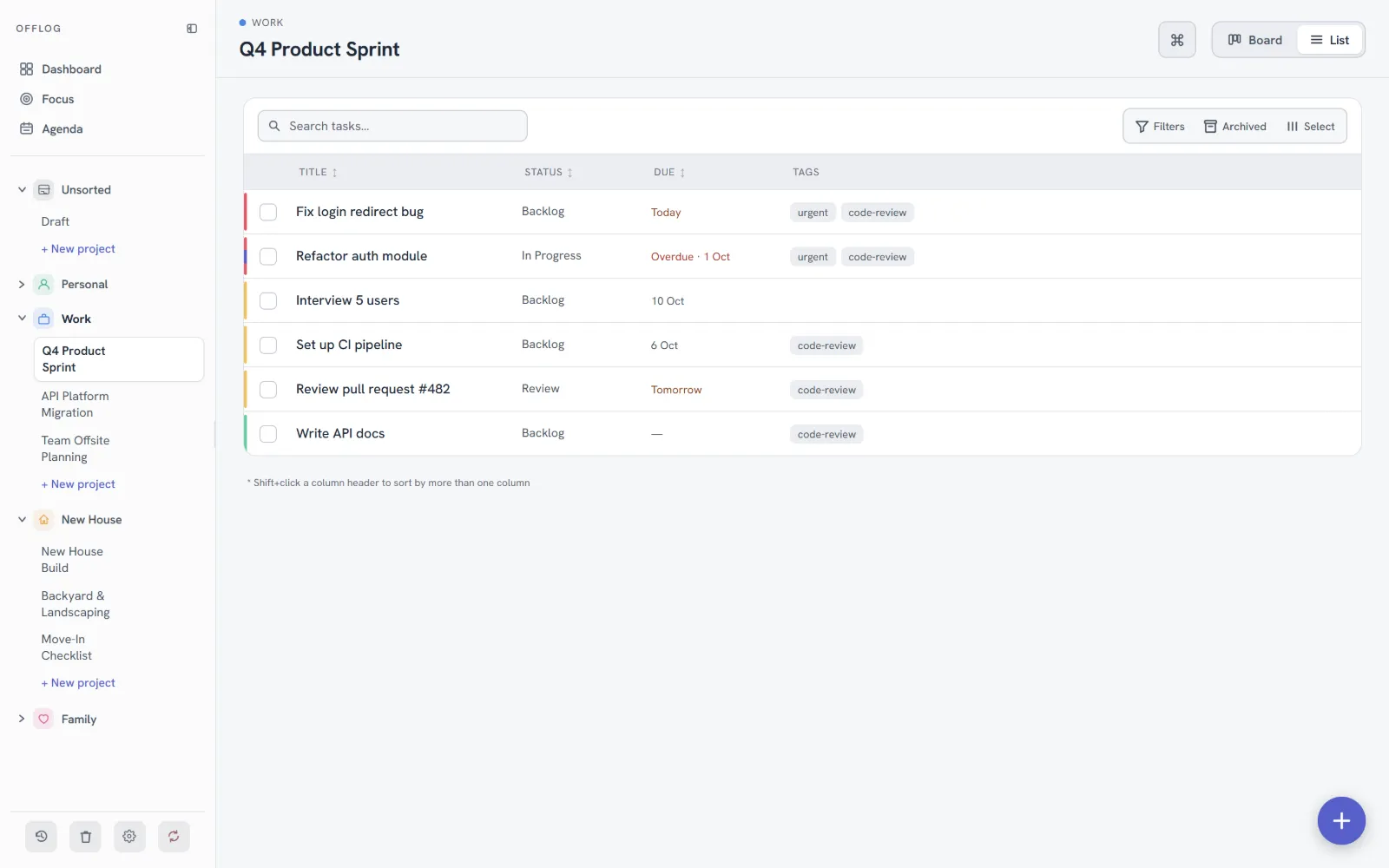 List: the same tasks in a sortable table