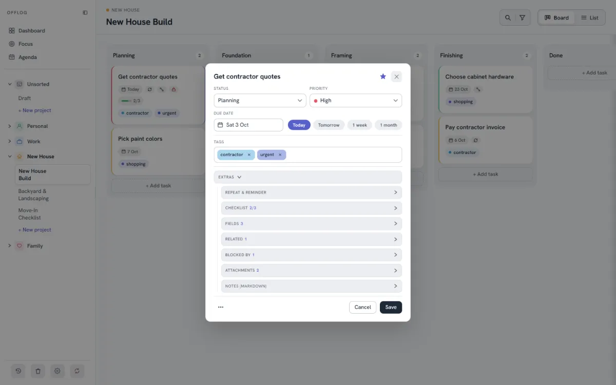 A task's extras: repeat, checklist, fields, related, blocked by, attachments, notes
