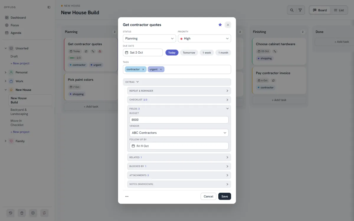 Fields on a task: a number, a choice and a date