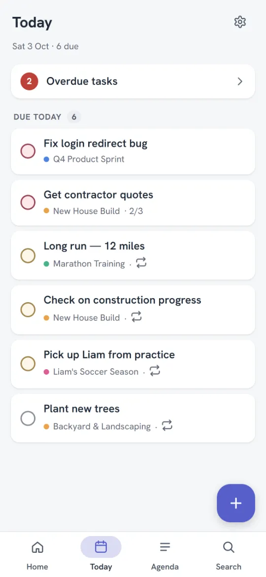 Today: overdue tasks in one row, then everything due today
