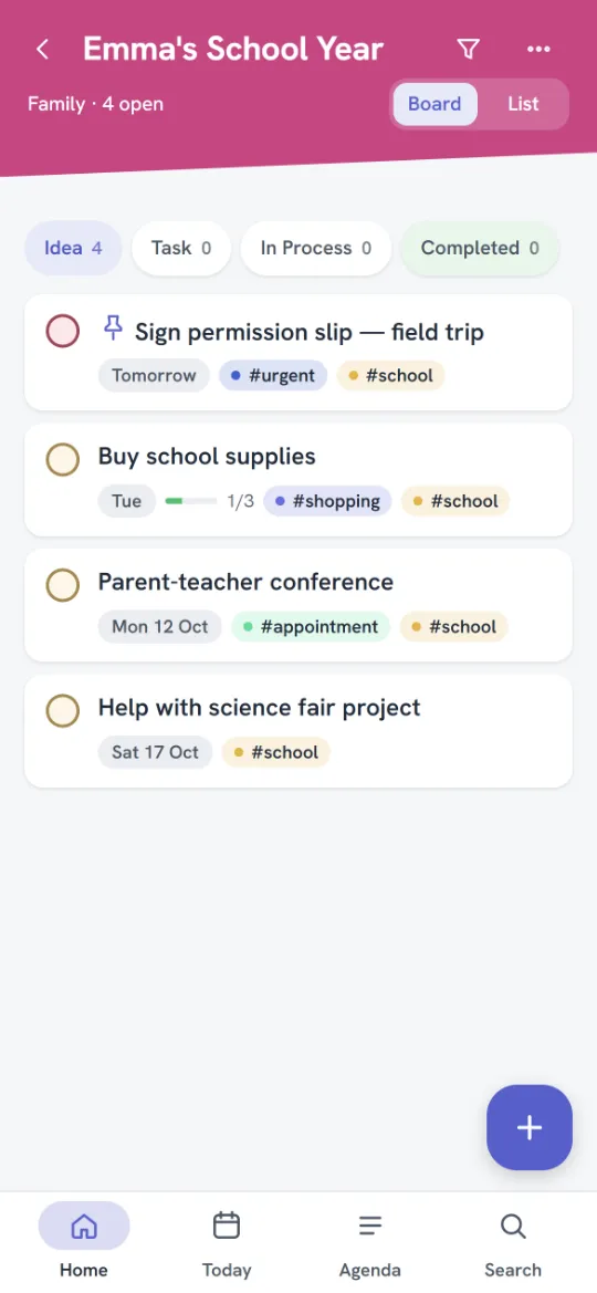 A project on the Board, filtered by status