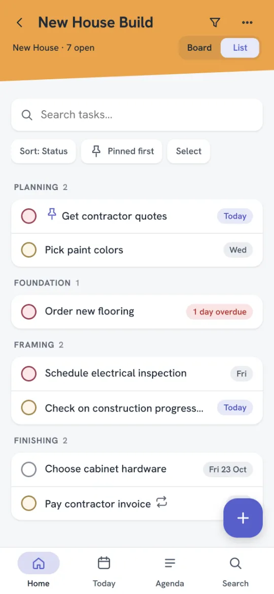 A project as a list, grouped by status