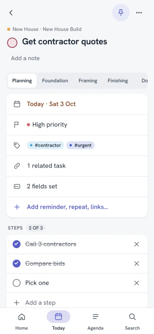 The task screen with status, due date, priority, tags, fields and steps