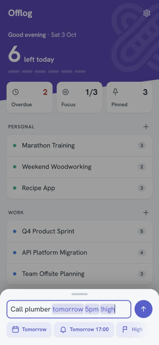 Quick Add turning typed words into a date, a reminder time and a priority
