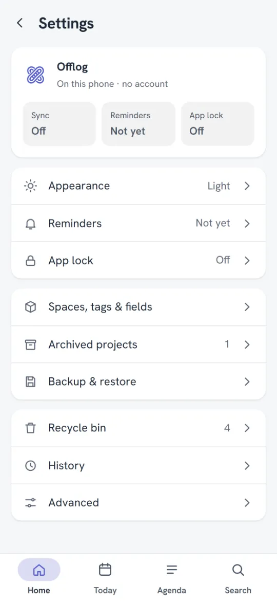 Settings with Sync, Reminders and App Lock